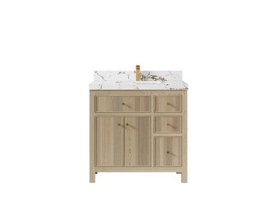 Sonoma Oak 36 in. W x 22 in. D Center Sink Bathroom Vanity in Dark Natural with 2 in. Viola Gold Quartz Countertop