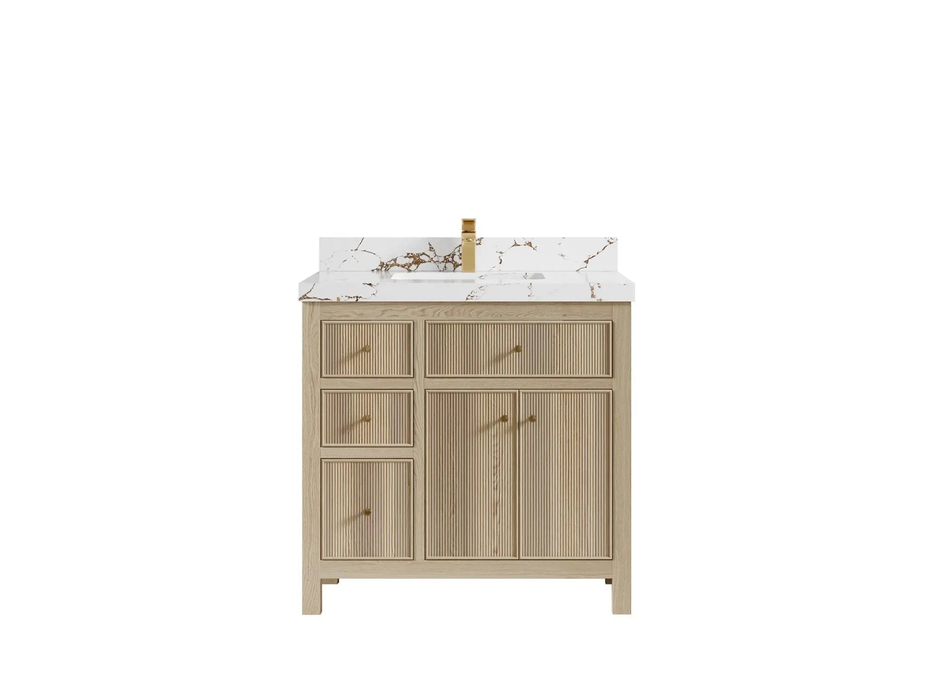 Sonoma Oak 36 in. W x 22 in. D Center Sink Bathroom Vanity in Dark Natural with 2 in. Viola Gold Quartz Countertop