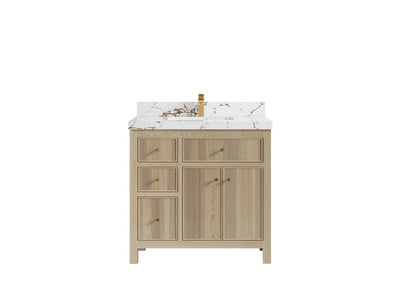 Sonoma Oak 36 in. W x 22 in. D Center Sink Bathroom Vanity in Dark Natural with 2 in. Viola Gold Quartz Countertop