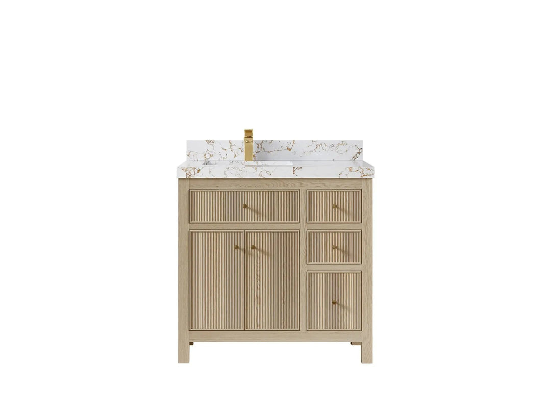 Sonoma Oak 36 in. W x 22 in. D Left Offset Sink Bathroom Vanity in Dark Natural with 2 in. Viola Gold Quartz Countertop
