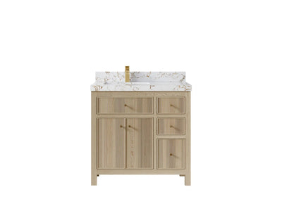 Sonoma Oak 36 in. W x 22 in. D Left Offset Sink Bathroom Vanity in Dark Natural with 2 in. Viola Gold Quartz Countertop