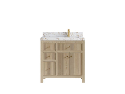 Sonoma Oak 36 in. W x 22 in. D Right Offset Sink Bathroom Vanity in Dark Natural with 2 in. Viola Gold Quartz Countertop