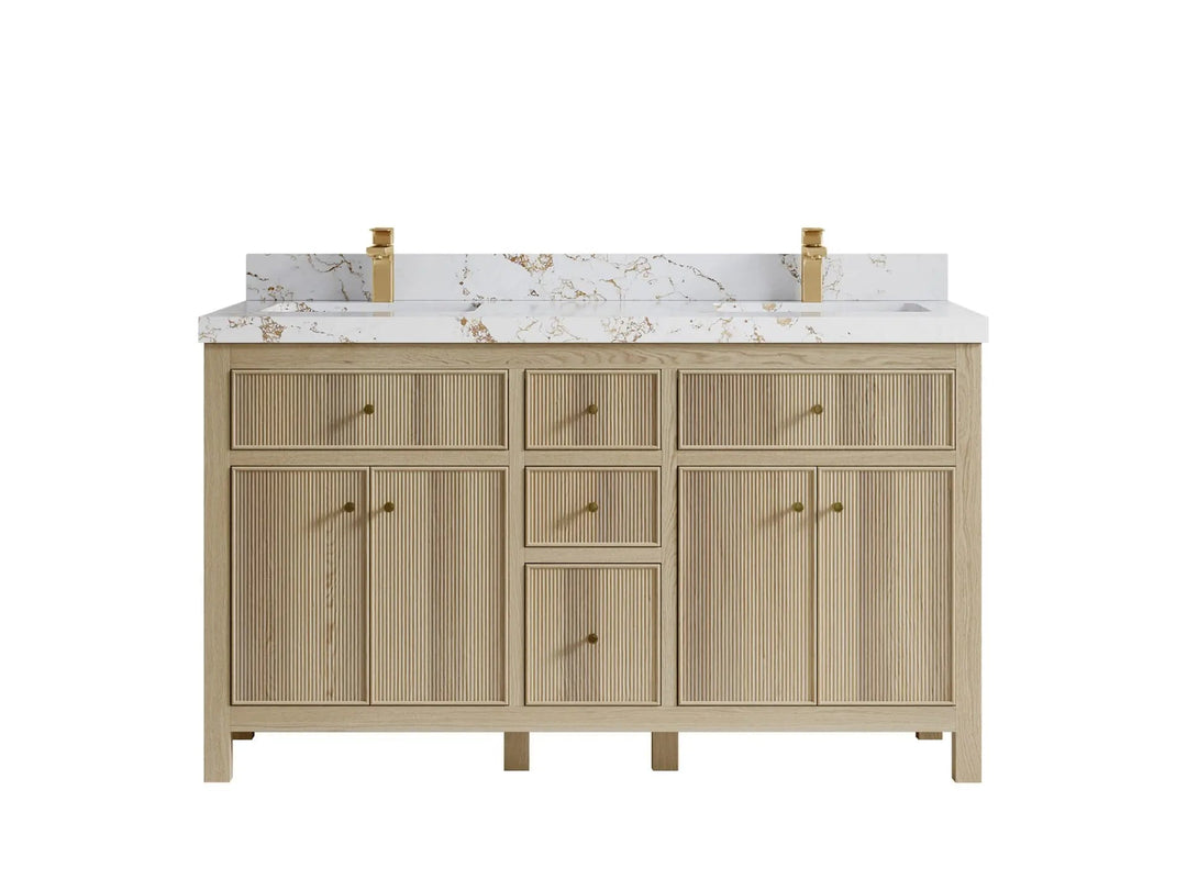 Sonoma Oak 60 in. W x 22 in. D Double Sink Bathroom Vanity in Dark Natural with 2 in. Viola Gold Quartz Countertop