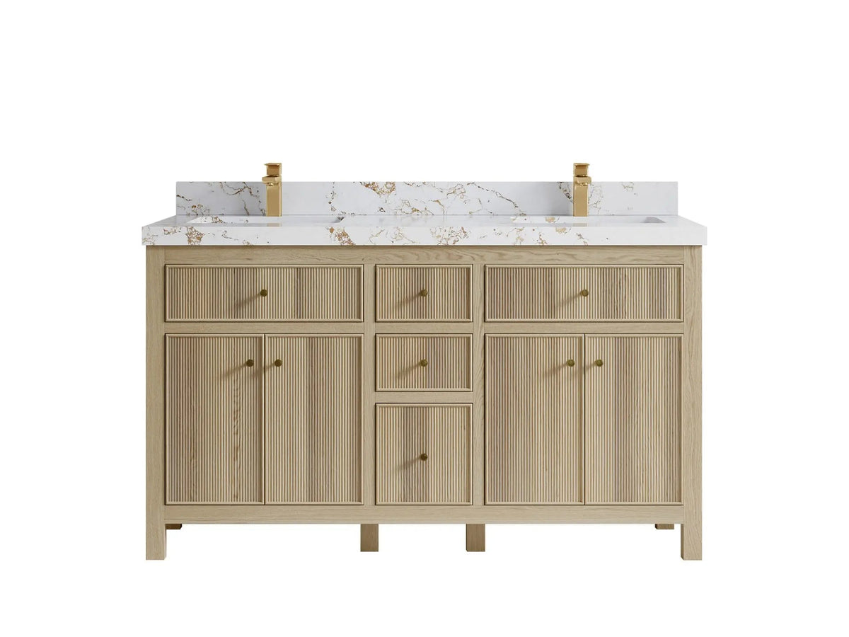 Sonoma Oak 60 in. W x 22 in. D Double Sink Bathroom Vanity in Dark Natural with 2 in. Viola Gold Quartz Countertop