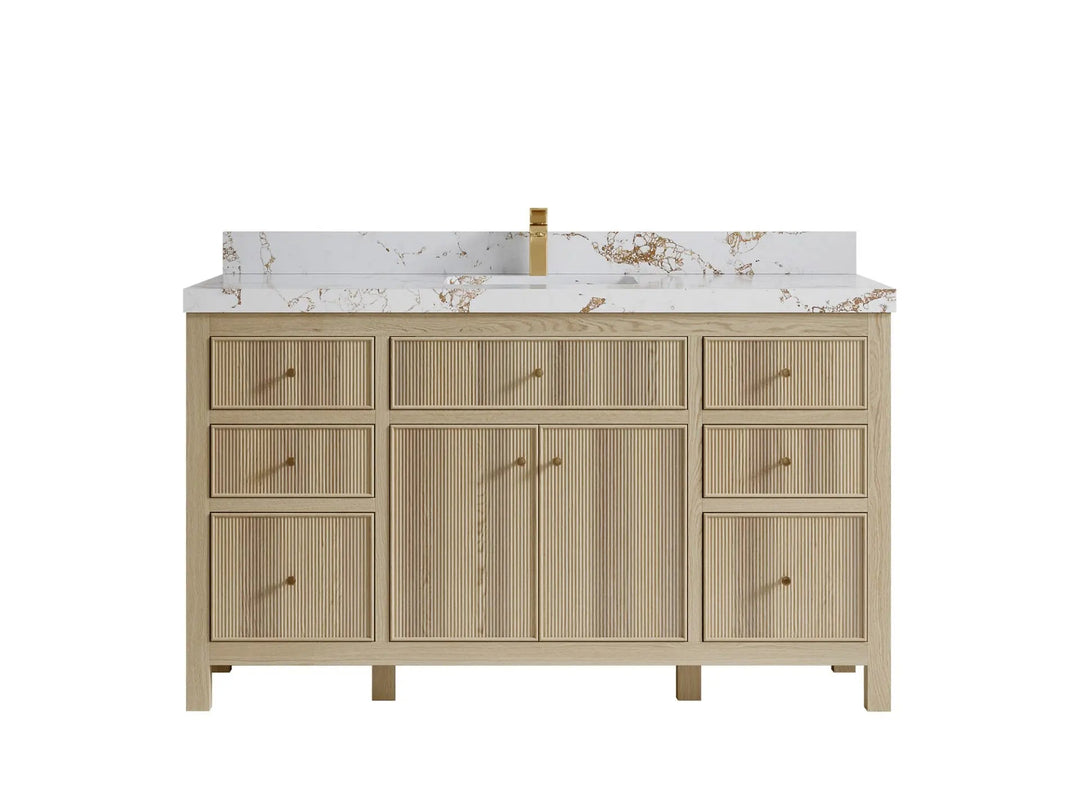 Sonoma Oak 60 in. W x 22 in. D Single Sink Bathroom Vanity in Dark Natural with 2 in. Viola Gold Quartz Countertop