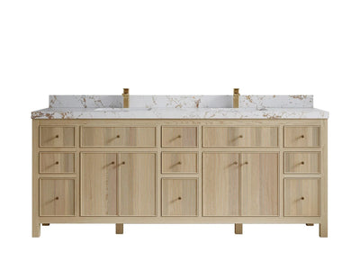Sonoma Oak 84 in. W x 22 in. D Double Sink Bathroom Vanity in Dark Natural with 2 in. Viola Gold Quartz Countertop