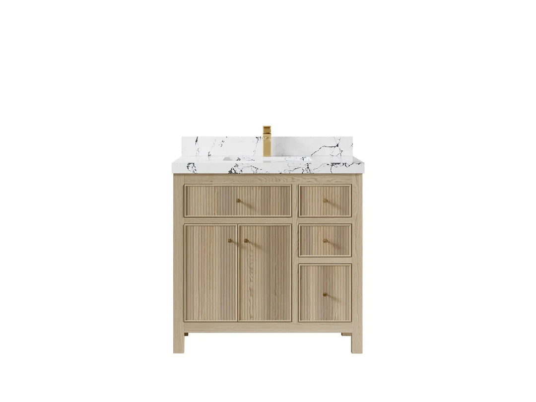 Sonoma Oak 36 in. W x 22 in. D Center Sink Bathroom Vanity in Dark Natural with 2 in. Viola Night Quartz Countertop
