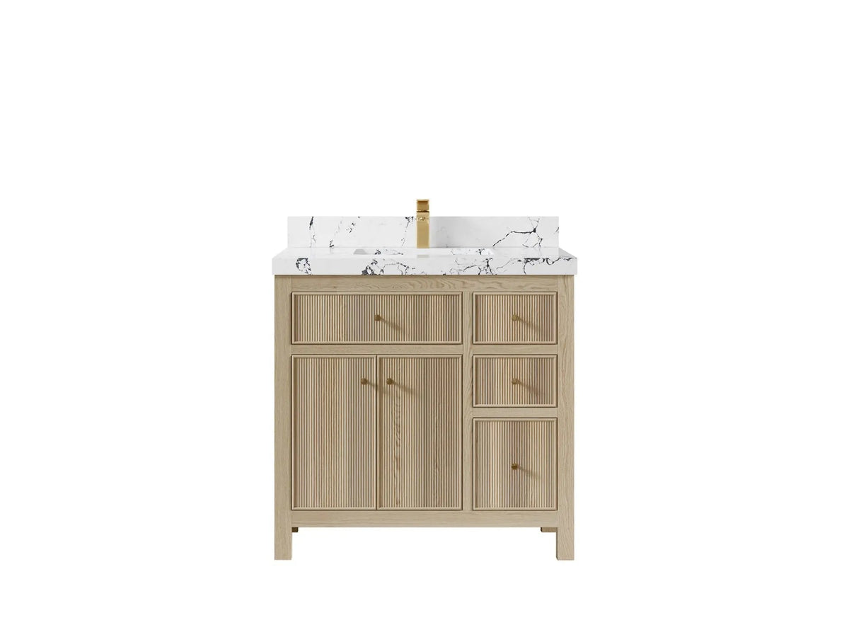 Sonoma Oak 36 in. W x 22 in. D Center Sink Bathroom Vanity in Dark Natural with 2 in. Viola Night Quartz Countertop