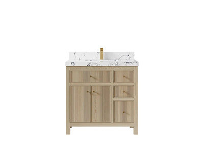 Sonoma Oak 36 in. W x 22 in. D Center Sink Bathroom Vanity in Dark Natural with 2 in. Viola Night Quartz Countertop