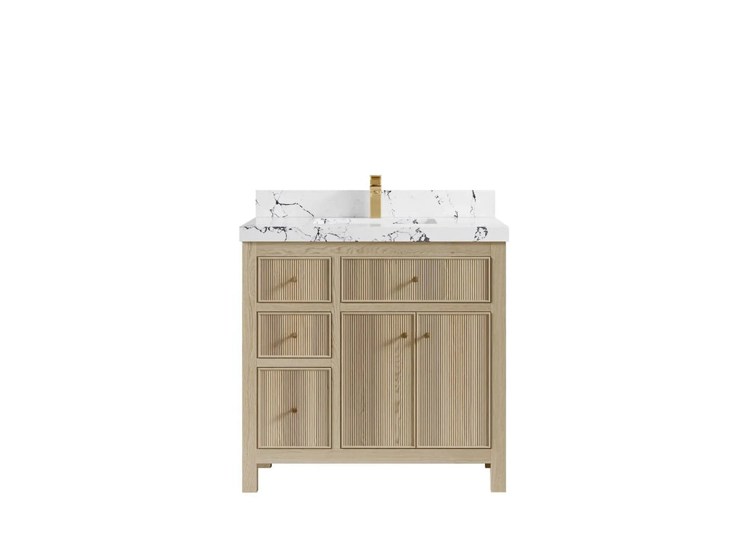 Sonoma Oak 36 in. W x 22 in. D Center Sink Bathroom Vanity in Dark Natural with 2 in. Viola Night Quartz Countertop
