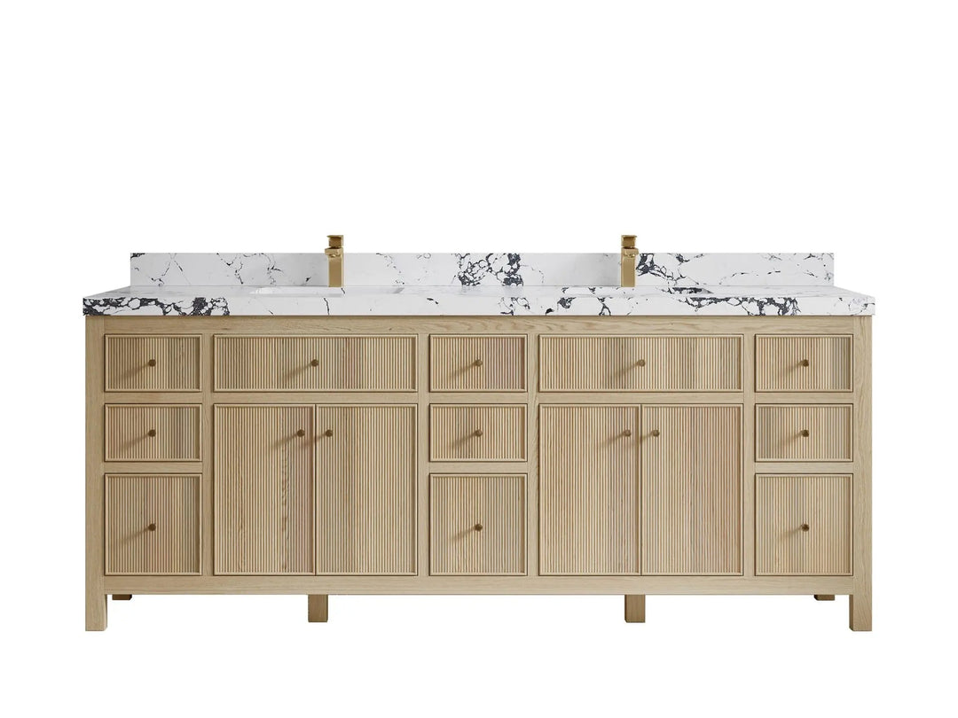 Sonoma Oak 84 in. W x 22 in. D Double Sink Bathroom Vanity in Dark Natural with 2 in. Viola Night Quartz Countertop