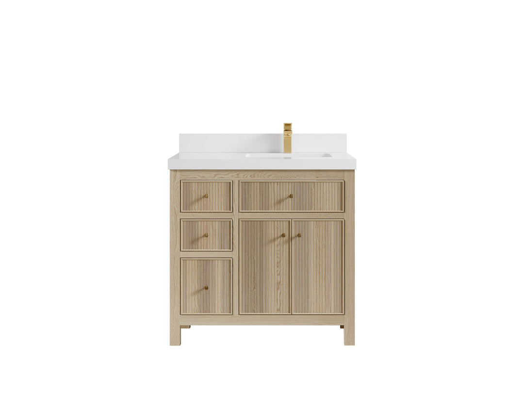 Sonoma Oak 36 in. W x 22 in. D Right Offset Sink Bathroom Vanity in Dark Natural with 2 in. White Quartz Countertop