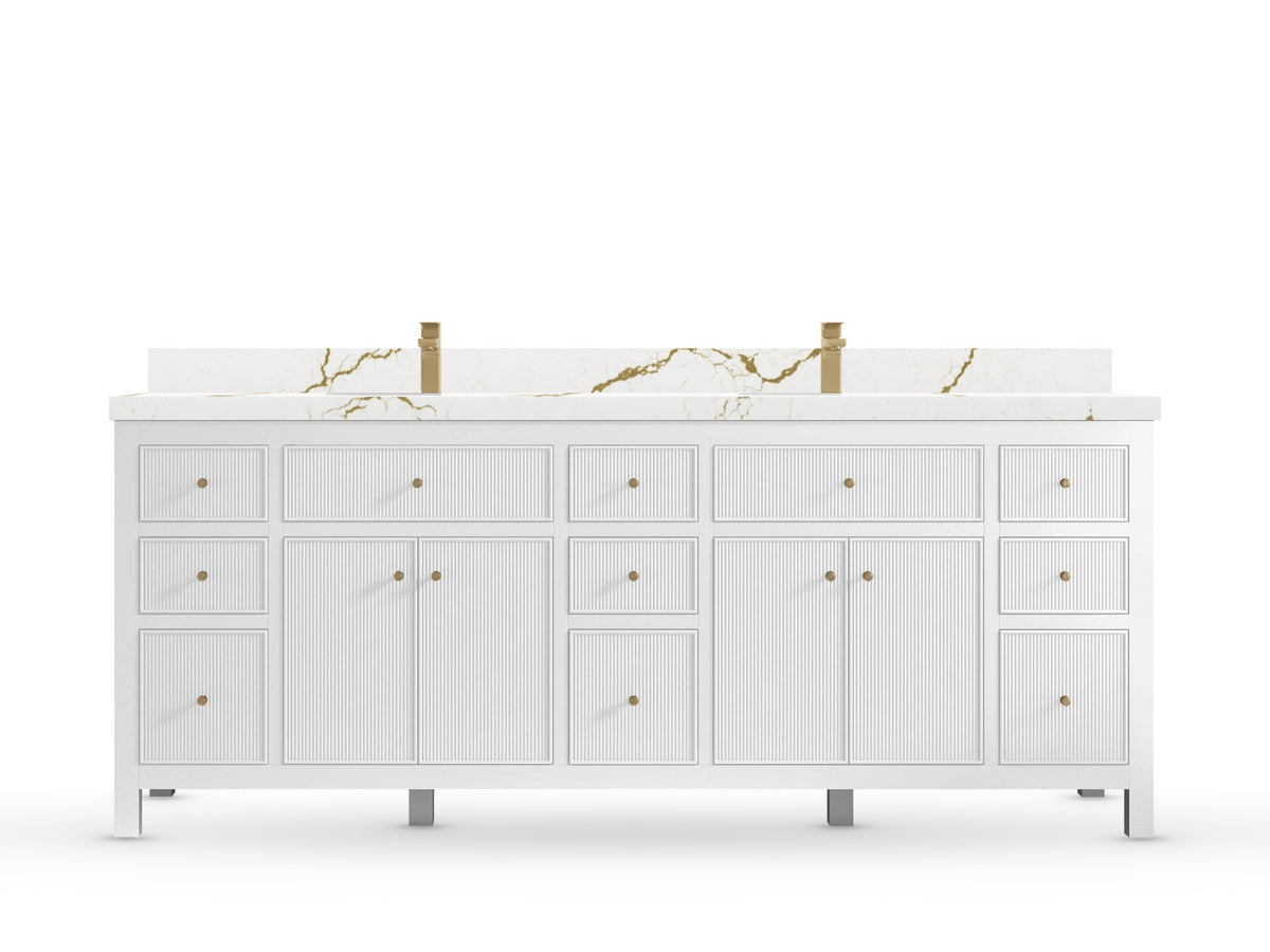 Sonoma84 White vanity with Berkshire Brass Quartz, Straight / Mitered, front view