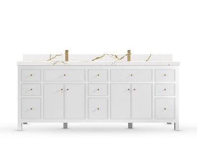 Sonoma84 White vanity with Berkshire Brass Quartz, Straight / Mitered, front view