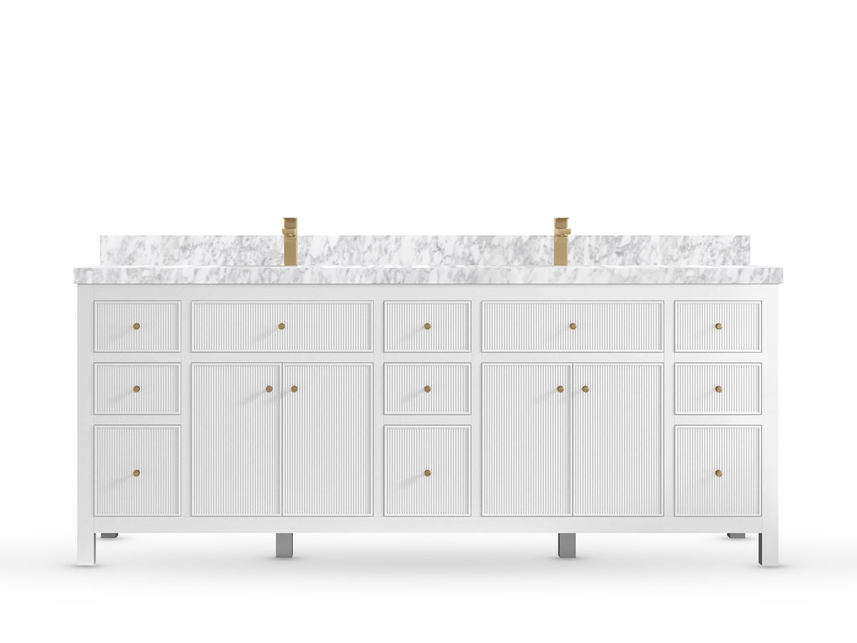 Sonoma84 White vanity with Carrara Marble, Straight / Mitered, front view
