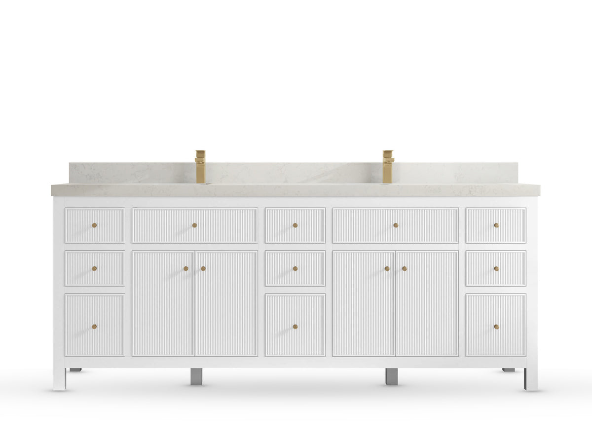 Sonoma84 White vanity with Carrara Quartz, Straight / Mitered, front view