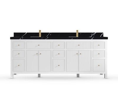 Sonoma84 White vanity with Calacatta Black Quartz, Straight / Mitered, front view