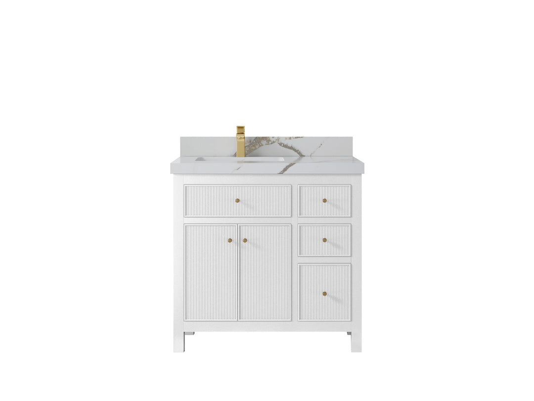 Sonoma 36 in. W x 22 in. D Left Offset Sink Bathroom Vanity in White with 2 in. Calacatta Gold Quartz Countertop