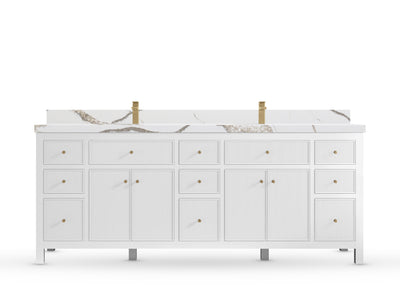 Sonoma84 White vanity with Calacatta Gold Quartz, Straight / Mitered, front view
