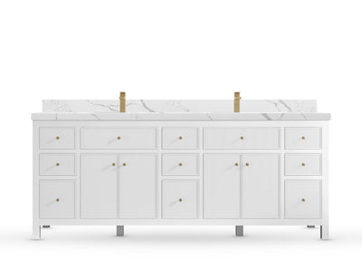 Sonoma84 White vanity with Calacatta Laza Quartz, Straight / Mitered, front view