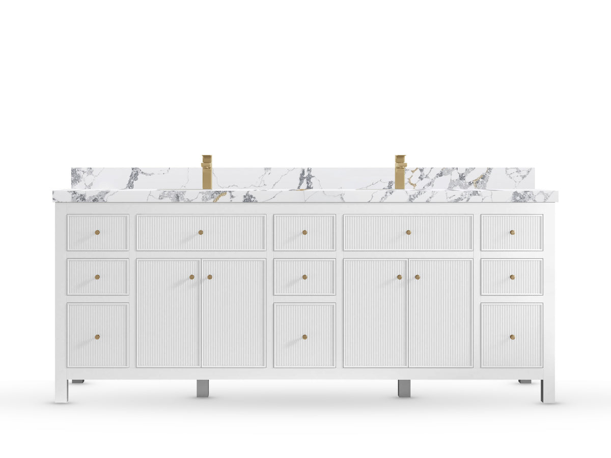 Sonoma84 White vanity with Calacatta Poanazzo Quartz, Straight / Mitered, front view