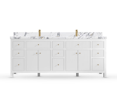 Sonoma84 White vanity with Calacatta Poanazzo Quartz, Straight / Mitered, front view