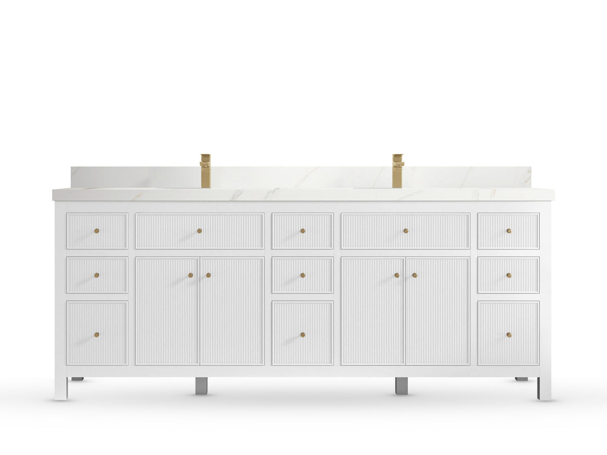 Sonoma84 White vanity with Calacatta Sienna Quartz, Straight / Mitered, front view