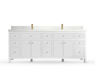 Sonoma84 White vanity with Calacatta Sienna Quartz, Straight / Mitered, front view