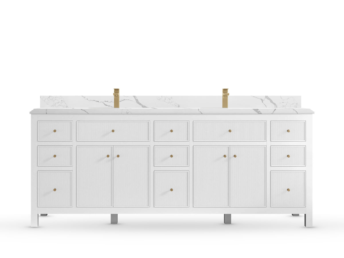 Sonoma84 White vanity with Calacatta Laza Quartz, Double Cove, front view