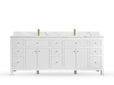 Sonoma84 White vanity with Calacatta Laza Quartz, Double Cove, front view