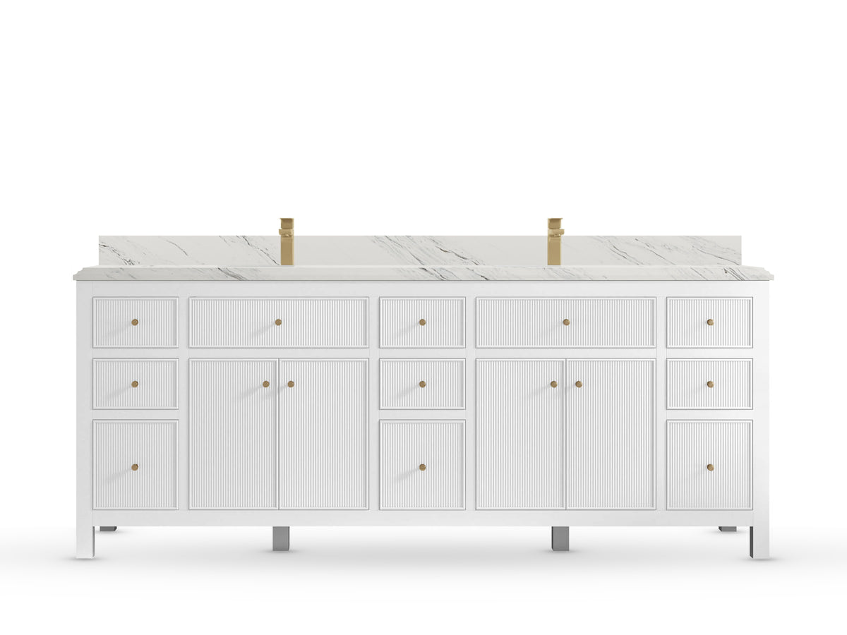 Sonoma84 White vanity with Palissandro Quartz, Double Cove, front view