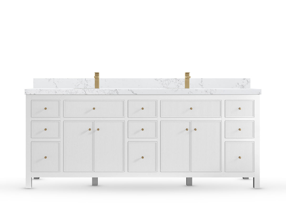 Sonoma84 White vanity with Empira White Quartz, Straight / Mitered, front view