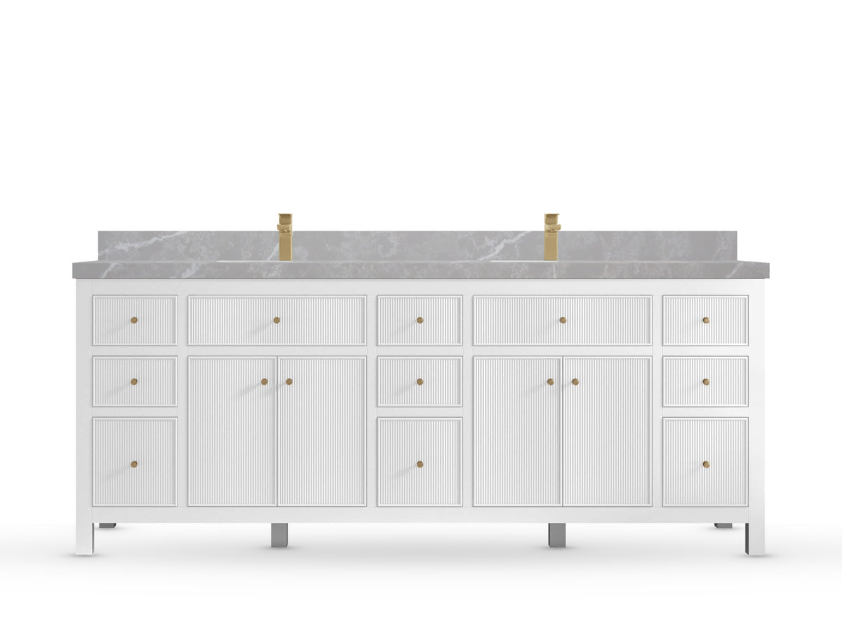 Sonoma84 White vanity with Pearl Light Gray Quartz, Straight / Mitered, front view