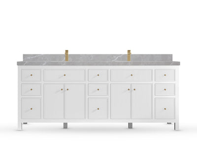 Sonoma84 White vanity with Pearl Light Gray Quartz, Straight / Mitered, front view
