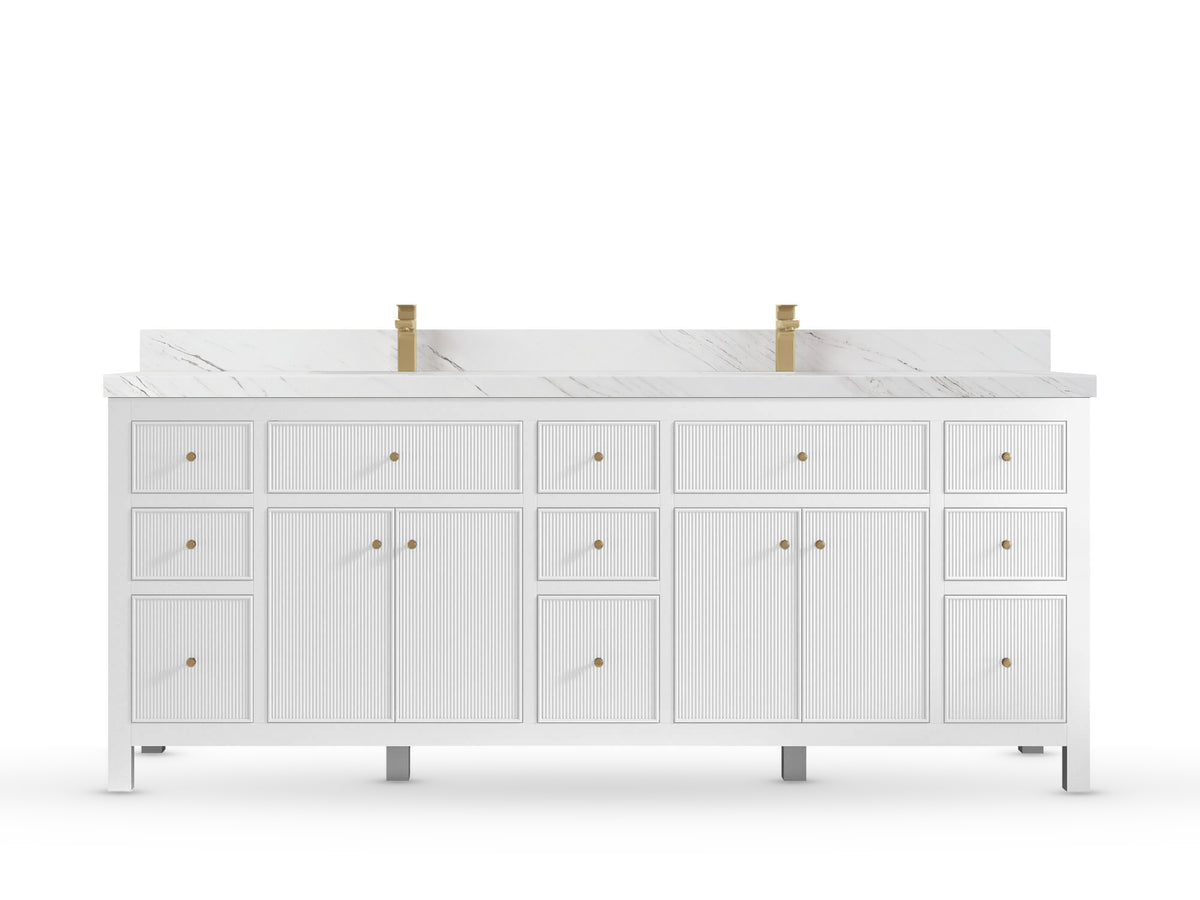 Sonoma84 White vanity with Palissandro Quartz, Straight / Mitered, front view