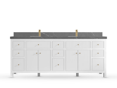 Sonoma84 White vanity with Piatra Gray Quartz, Straight / Mitered, front view