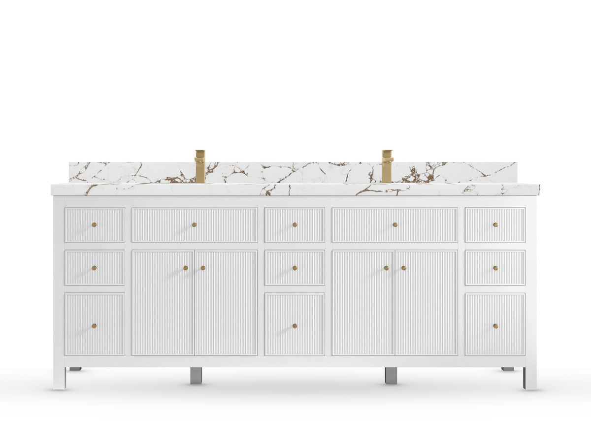 Sonoma84 White vanity with Viola Brown Quartz, Straight / Mitered, front view