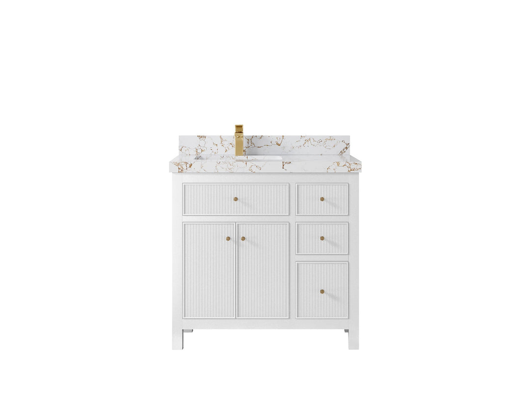 Sonoma 36 in. W x 22 in. D Left Offset Sink Bathroom Vanity in White with 2 in. Viola Gold Quartz Countertop