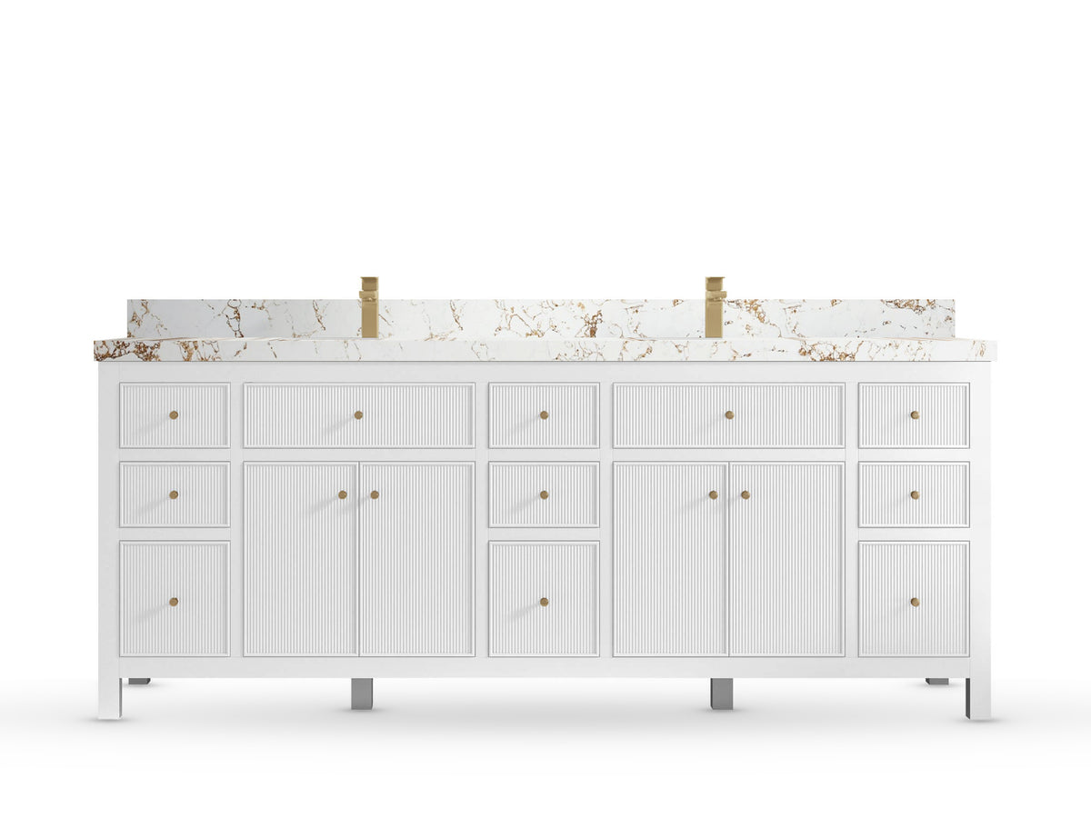 Sonoma84 White vanity with Viola Gold Quartz, Straight / Mitered, front view