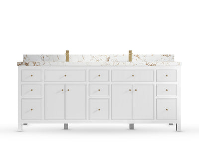 Sonoma84 White vanity with Viola Gold Quartz, Straight / Mitered, front view