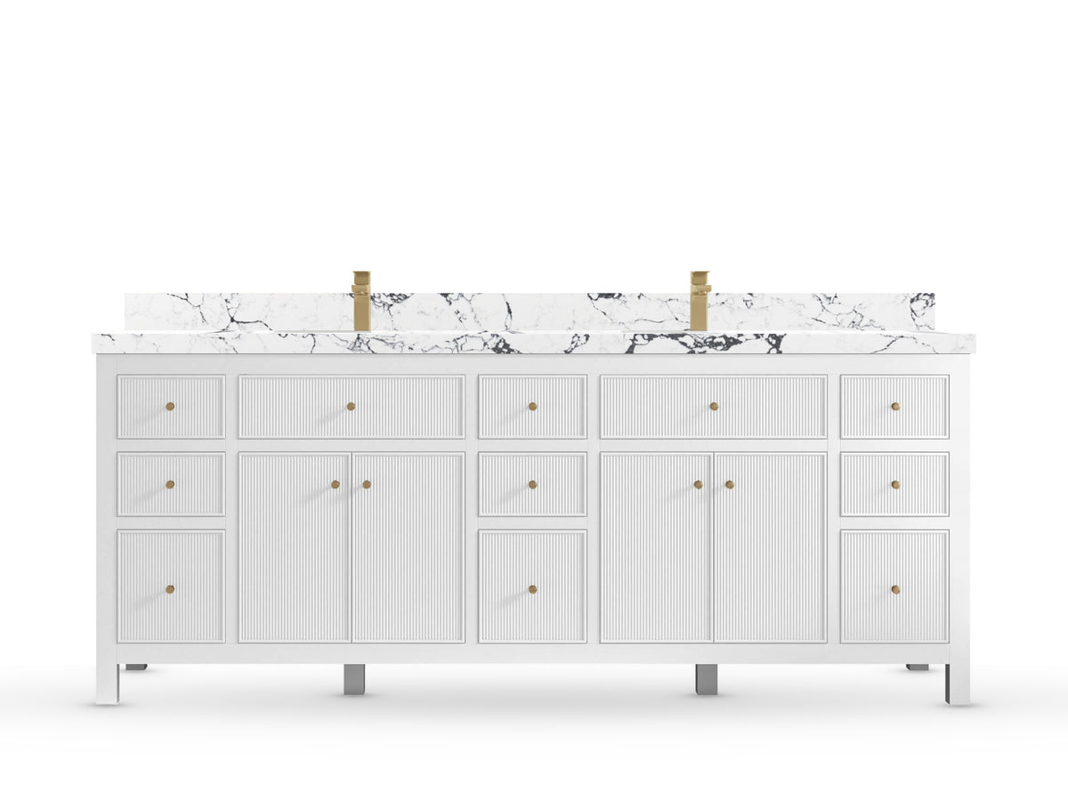 Sonoma84 White vanity with Viola Night Quartz, Straight / Mitered, front view