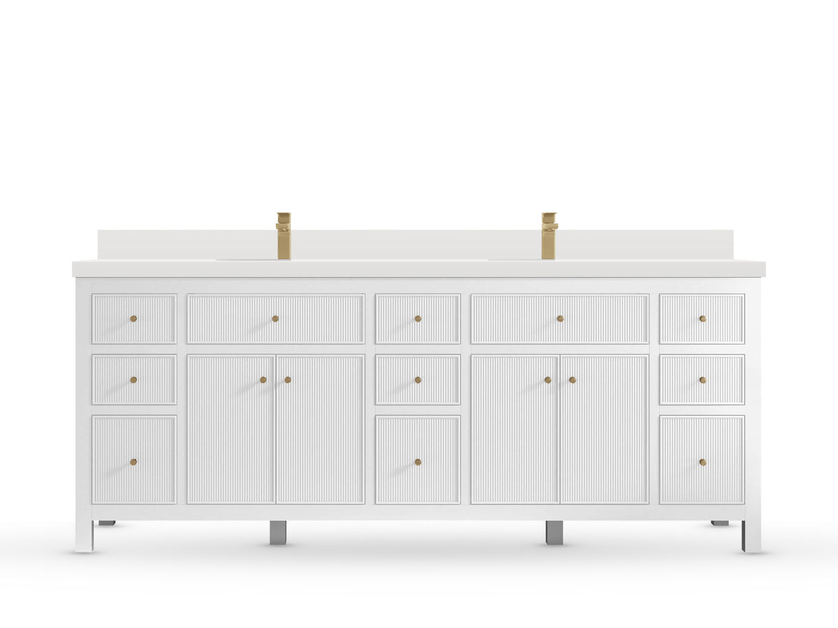 Sonoma84 White vanity with White Quartz, Straight / Mitered, front view