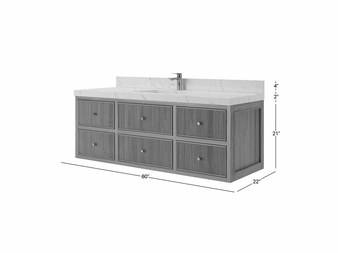 Sonoma Floating Teak 60 in. W x 22 in. D Single Sink Bathroom Vanity in Dark Natural with countertop - Dimensions