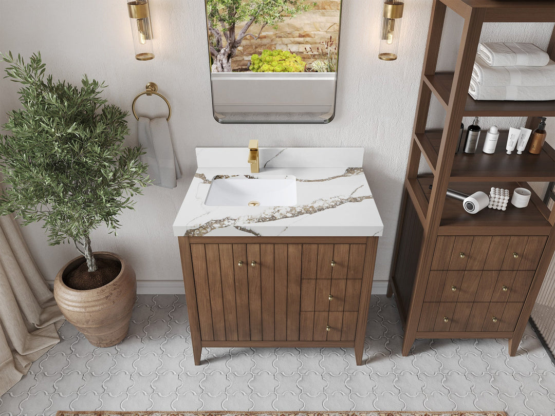 Atlanta Teak Wood 36 in. W x 22 in. D Left Offset Sink Bathroom Vanity - Willow Bath and Vanity