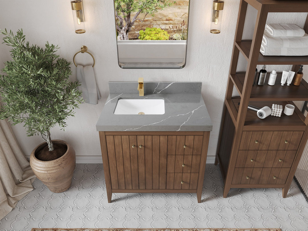 Atlanta Teak Wood 36 in. W x 22 in. D Left Offset Sink Bathroom Vanity - Willow Bath and Vanity