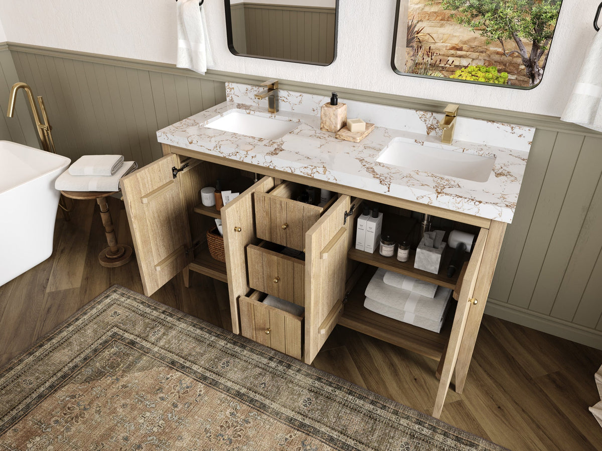 Atlanta Teak Wood 60 in. W x 22 in. D Double Sink Bathroom Vanity - Willow Bath and Vanity