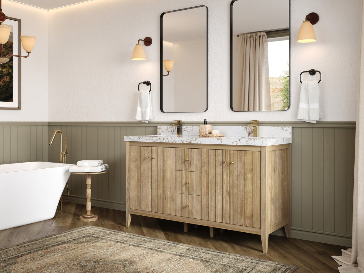 Atlanta Teak Wood 60 in. W x 22 in. D Double Sink Bathroom Vanity - Willow Bath and Vanity