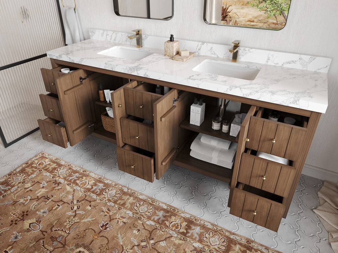Atlanta Teak Wood 84 in. W x 22 in. D Double Sink Bathroom Vanity - Willow Bath and Vanity
