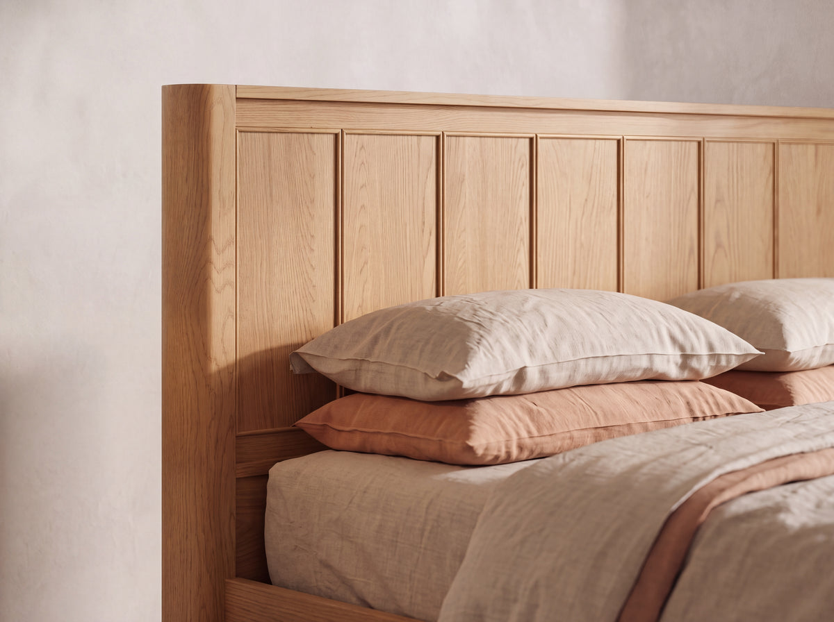 Orlando Panel Bed in Nordic White Oak — Rounded headboard post and panel detail. Render for selection.