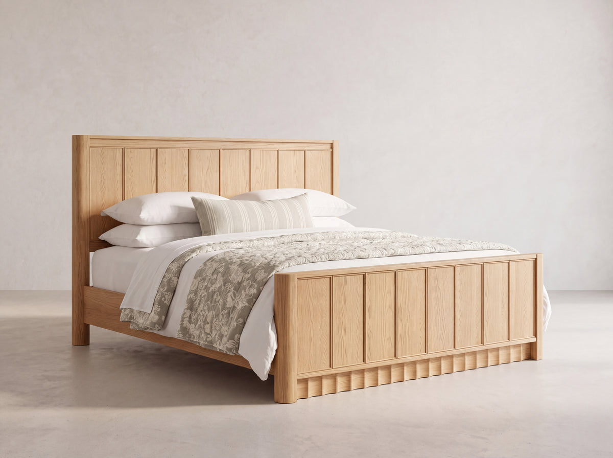 Orlando Panel Bed in Nordic White Oak — Studio three-quarter view, left side visible. Render for selection.
